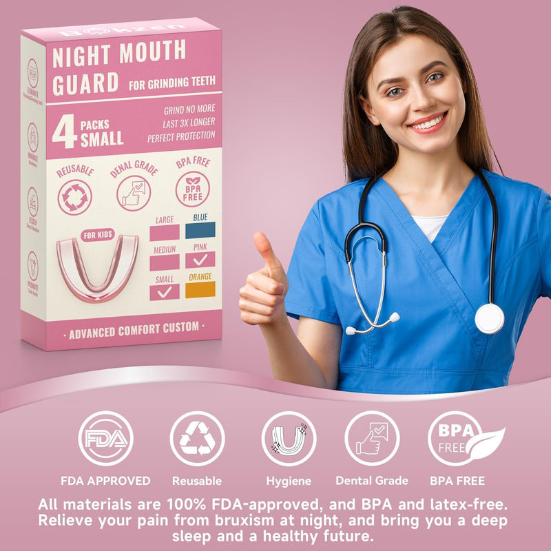 4 Pack Pink Kids Mouth Guard for Grinding Teeth, Moldable Kid Mouth Guard for Clenching Teeth at Night, Comfortable Mouthguard Stops Bruxism, TMJ Small Size for Kids - BeesActive Australia
