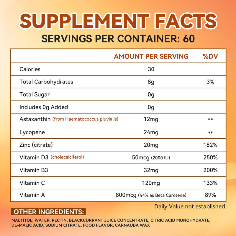 Tanning Gummies for Women Beta-Carotene Astaxanthin Vitamin C&E Vegan 60 Ct
