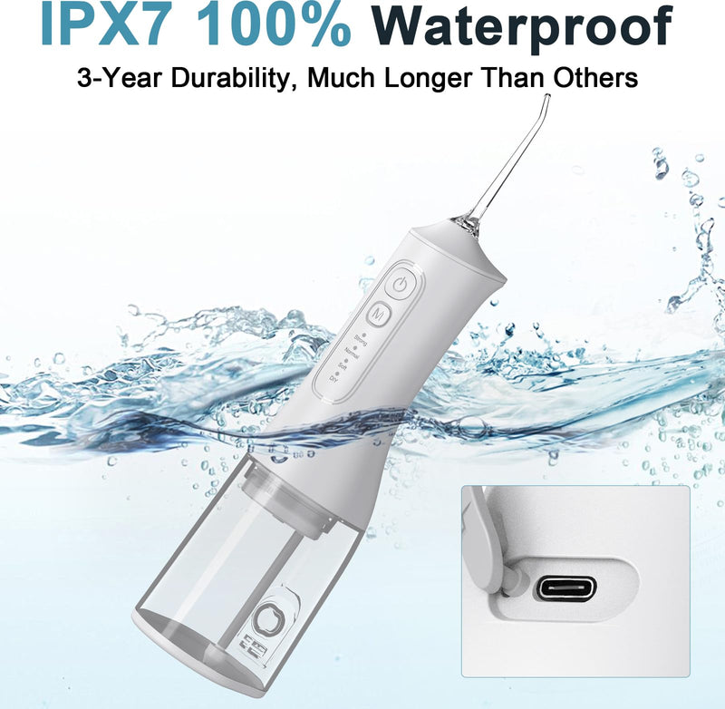 Portable Cordless Water Dental Flosser Teeth Pick 300ML Rechargeable Oral Irrigator with 4 Modes, IPX7 Waterproof,Powerful Flossing for Gum Care, Braces, and Deep Cleaning (White) White