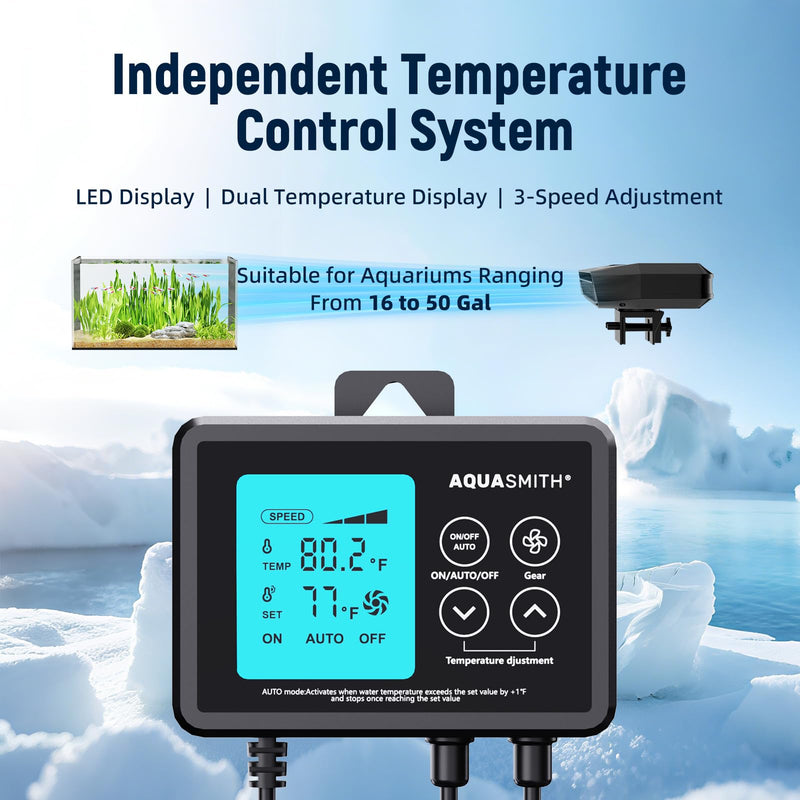 AQUASMITH Aquarium Chiller Fan,Fish Tank Cooler with Temperature Control,Minimum Setting 59℉,Auto Start/Stop,Refrigeration Effect 3-7℉,3-Speed Modes,for Axolotl Seawater Freshwater Coral Grass Tank Black