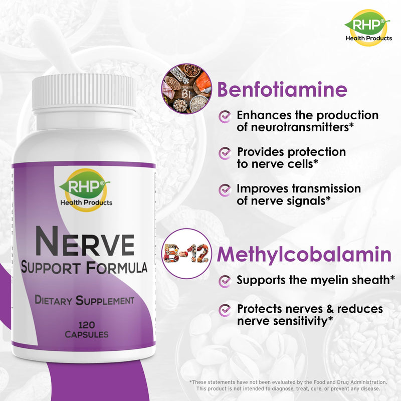 Nerve Support Formula Supplement - Nutritional Support for Neuropathy Pain Relief for Feet & Hands, Advanced B Complex with Benfotiamine, Vitamin B1, Methyl B12, Folic Acid & D3 – 120 Capsules