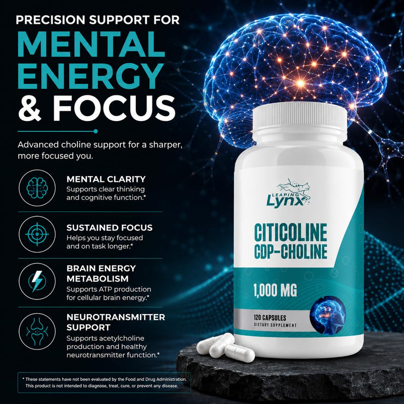 Leaping Lynx Citicoline 1000 mg (CDP Choline) Capsules – 120 Count – CDP Choline Supplement for Brain, Focus & Memory Support – Nootropic Choline Supplement – Non-GMO, ISO-Certified