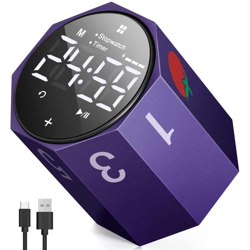 Digital Pomodoro Timer,Frosted Metal Productivity Cube Timer,1.8 in LED Digital Large Screen,Auto-Rotating Display,1/3/5/10/25/30/60min & Custom Time, Silent & Alarm,for Office, Study, Work(Purple) Purple