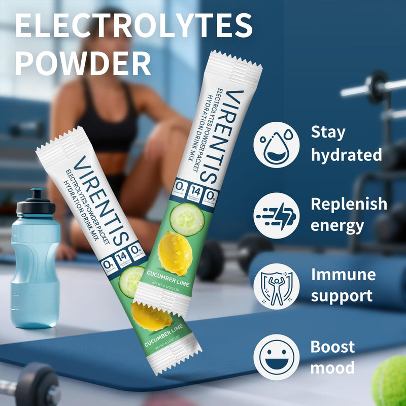 16 Sticks Electrolytes Powder Packets Sugar Free Hydration Packets Liquid Daily IV Electrolyte Drink Mix for Rehydration with 8 Electrolytes & 6 Vitamins, Low Sodium, Cucumber Lime