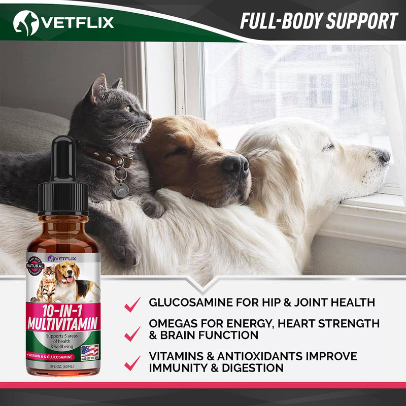 Pet Vitamins 10-in-1 Made in USA - Natural Glucosamine for Dogs & Cats, Essential Multivitamin Blend for Pet Joint Health, Longevity, Gut & Immune Health - All Ages, Breeds and Sizes 2 fl oz - PawsPlanet Australia
