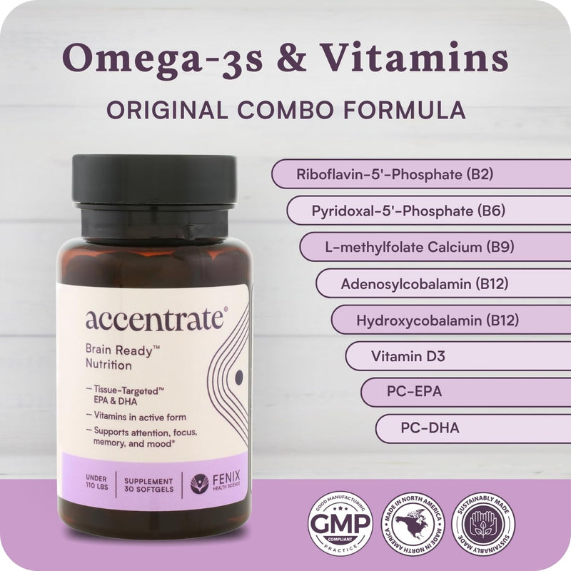 Brain Supplement for Natural Focus & Attention | for Kids | Active B Vitamin & Omega-3 Combo | Vitamin B Complex w/Omega 3 Fatty Acids EPA & DHA | Omega-3s in Small Pill | L-MTHF, B12, P5P, VIT D