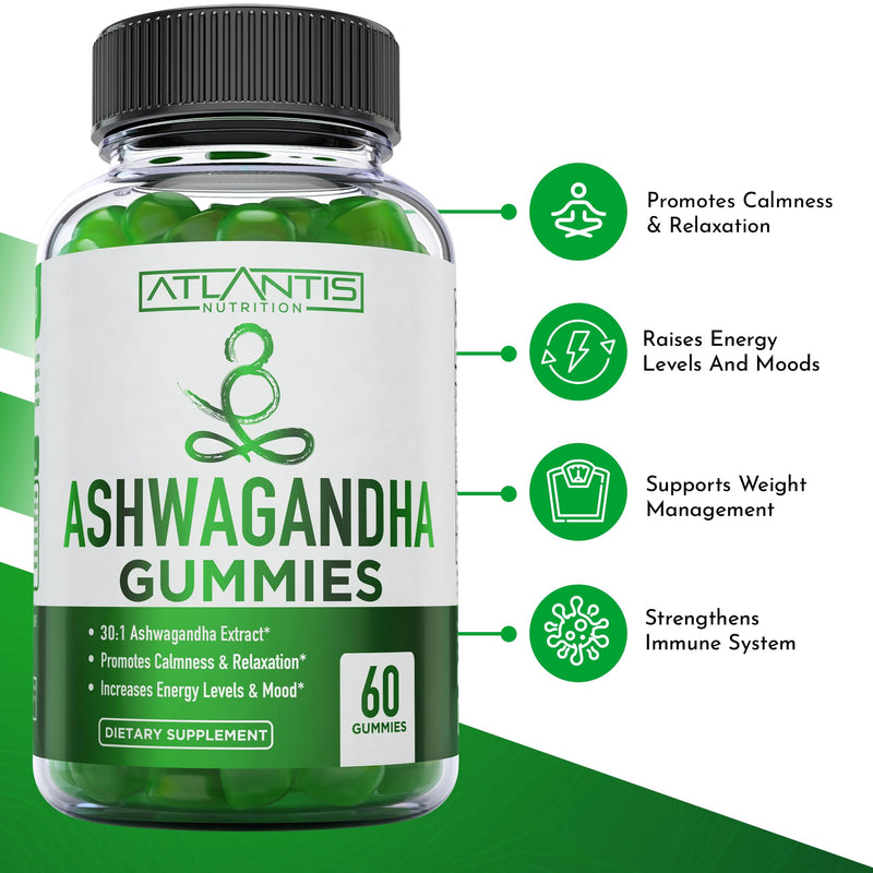 Atlantis Nutrition Ashwagandha Gummies - Ashwagandha Extract 30:1 - Promotes Calmness, Improves Mood, Boosts Energy Levels & Strengthens Immune System - Formulated w/Vitamin D & Zinc - Vegan | 60 Ct