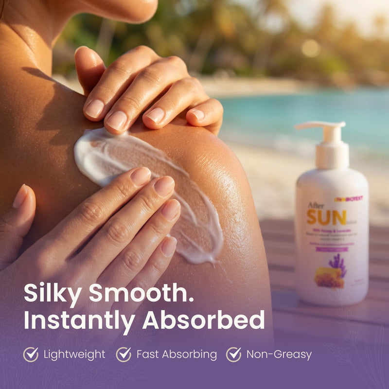 After Sun Lotion with Honey & Lavender – Hydrating & Soothing Moisturizer for Sunburned Skin – Natural Aloe Vera, Vitamin E & Jojoba Oil – Paraben-Free – 8.45 fl. oz (250ml)