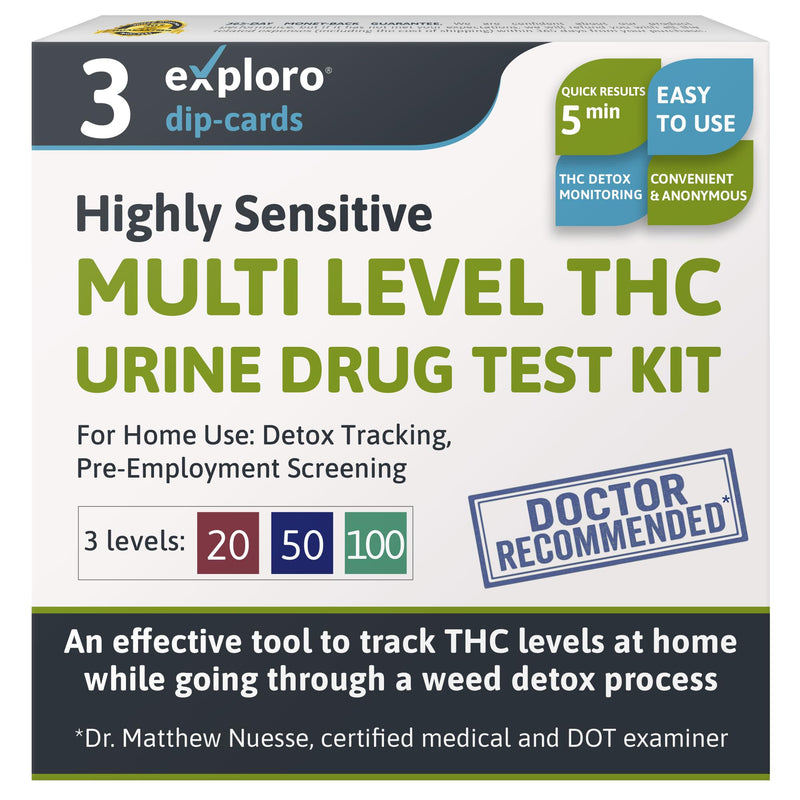 Exploro Multi Level THC Drug Test Kit – 3 Level Marijuana & Weed Test at Home (20, 50, 100 ng/ml) – Urine THC Test Strips for Detox Cleanse Monitoring, Pre-Employment & Personal Use (Pack of 3) 3 Count (Pack of 1)