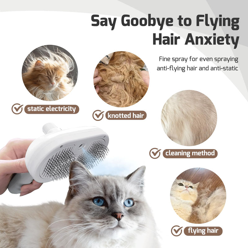 Spray Cat Brush for Shedding, 3 In 1 Steam Cat Brush Remove Static Flying Hair Pet Grooming Brush Self Cleaning Dog Brush for Long and Short Hair Dogs and Cats Remove Tangled Loose Hair (White) White - BeesActive Australia