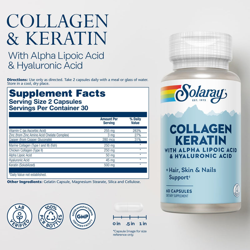 SOLARAY Collagen Keratin with Alpha Lipoic Acid & Hyaluronic Acid, 60 Caps | Hair, Skin, Nail & Joint Support, Types I, II & III Collagen with Keratin, 30 Servings, Lab Verified