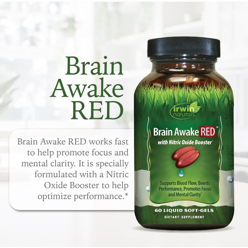 Irwin Naturals Brain Awake RED Focus & Mental Clarity Support | Productivity & Cognitive Performance | Ginkgo + L-Theanine + L-Citrulline |60 Liquid Soft-Gels 60 Count (Pack of 1)