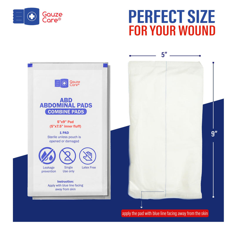 GauzeCare Sterile Abdominal- ABD Combine Pads| 50-Pack, 5 x 9 Inches| Extra Absorbent & Thick, Individually Wrapped Wound Dressing, First Aid Pads| Surgical-Grade, Nonstick- for Heavy Leakage, Post Op 5"x9" (50 Pads)