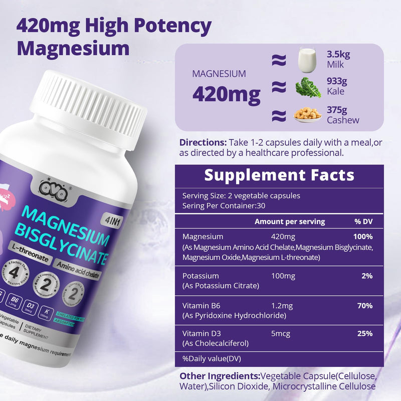 420 Mg Magnesium Bisglycinate Threonate Amino Acid Chelated Supplement with Vitamin and Potassium High Absorption Formula for Muscle Relaxation Bone & Joint Support Magnesium Complex Capsules(180) 180