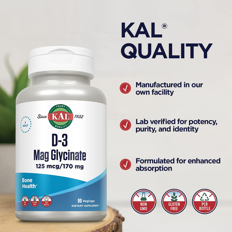 KAL Vitamin D3 & Magnesium Glycinate, Enhanced Absorption Formula with BioPerine, Muscle & Bone Health Support, Immune Support & More, Non-GMO, Gluten Free, 45 Servings, 90 VegCaps Unflavored 90 Count (Pack of 1)
