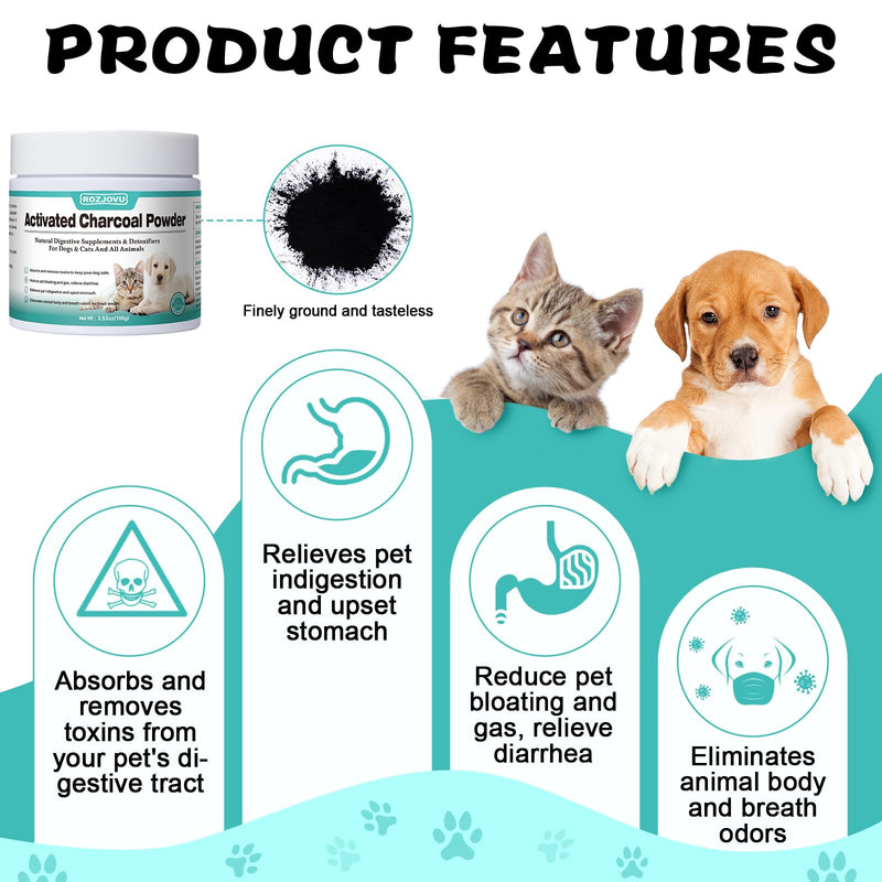 Activated Charcoal for Dogs, Cats, and All Pets, Charcoal for Dogs Poisoning, Digestive Health, Gas & Liver Support, Non-GMO, Gluten Free,3.53oz(Powder) 3.53oz - BeesActive Australia