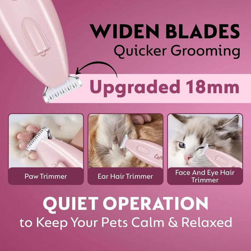 Dog Paw Trimmer with LED Light, Rechargeable Cordless Grooming Clippers, 18mm Widen Blade, Low Noise (35 dB), LED Display, Ideal for Trimming Paws, Eyes, Ears, Face, and Rump for Dogs and Cats. Pink - BeesActive Australia