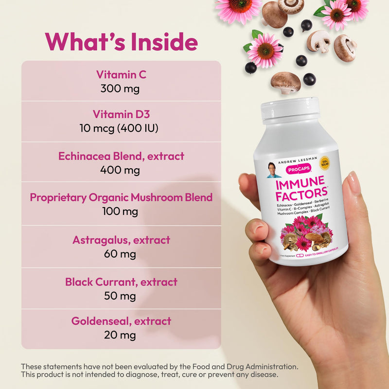 ANDREW LESSMAN Immune Factors 180 Capsules – Echinacea, Goldenseal, Vitamin C, Astragalus, Berberine, Mushroom Blend, Black Currant. Supports and Promotes Immune System and Natural Defenses | A comprehensive blend of botanicals, mushrooms and nutrients...