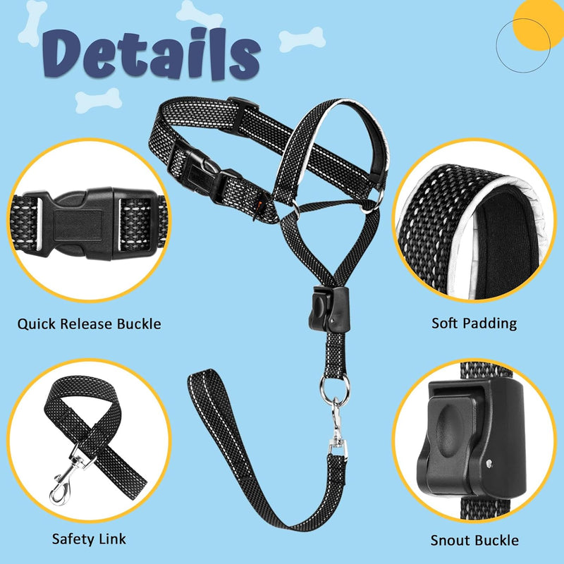 BARKLESS Dog Head Collar, Soft No Pull Dog Head Halter, Reflective Dog Muzzle Leash with Safety Link, Adjustable Headcollar, Padded Nose Leash for Large Medium Dogs Training Walking (Black, XL) Black XL (Snout 12"-14.25") - BeesActive Australia