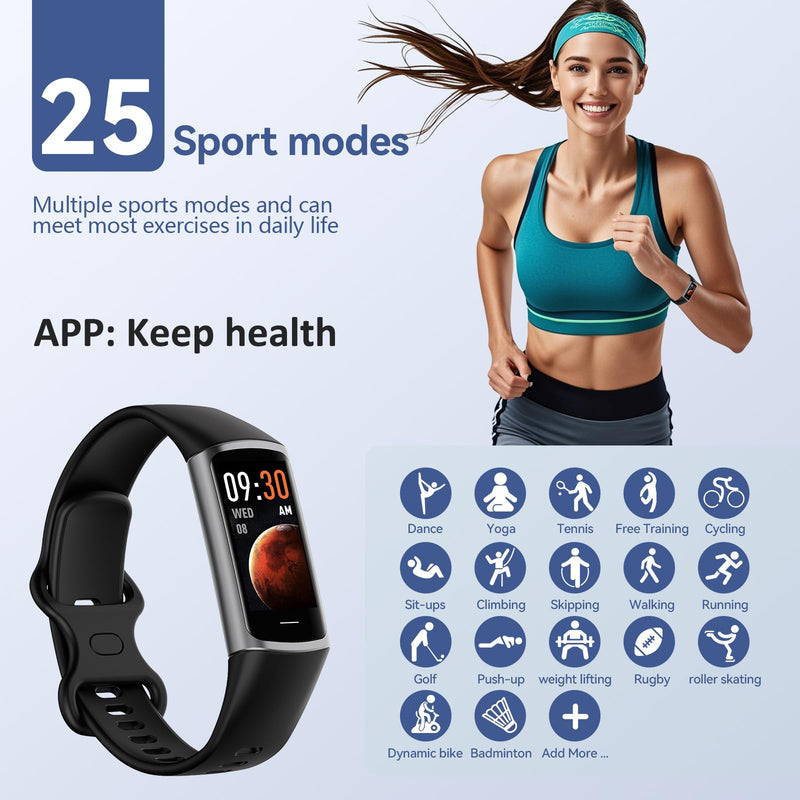 Fitness Tracker, 25 Sports Modes, Heart Rate/Blood Oxygen and Pressure Monitor Sleep Step Tracker/Carolies Waterproof Smartwatch Smart Bracelet for Android and iOS Phone Black