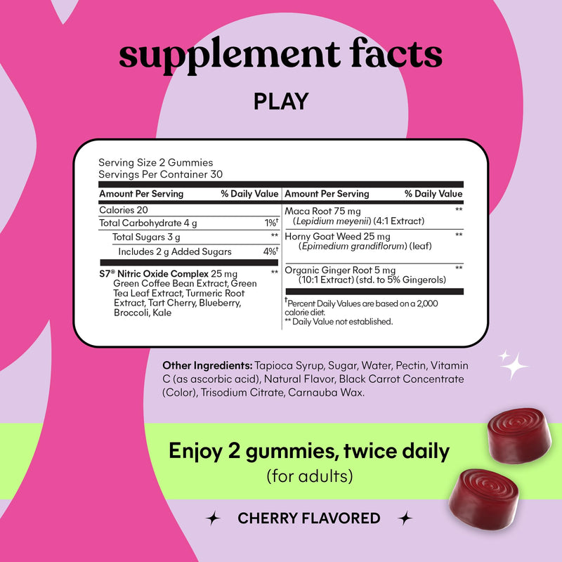 Lemme Play Daily Intimacy Gummies for Women and Men w/Clinically-Studied S7 Nitric Oxide Complex for Healthy Blood Flow, Maca Root, Goat Weed - Cherry Flavored (60 Count) - BeesActive Australia