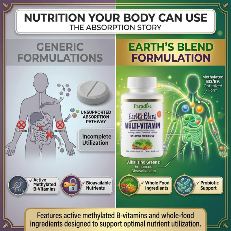Paradise Herbs & Essentials Once Daily Multivitamin Iron 60 Capsules | Organic superfoods, probiotics, and vitamins A, B12, C, D, K2 in a dietary supplement for immune and bone support. With Iron 60 Count (Pack of 1)