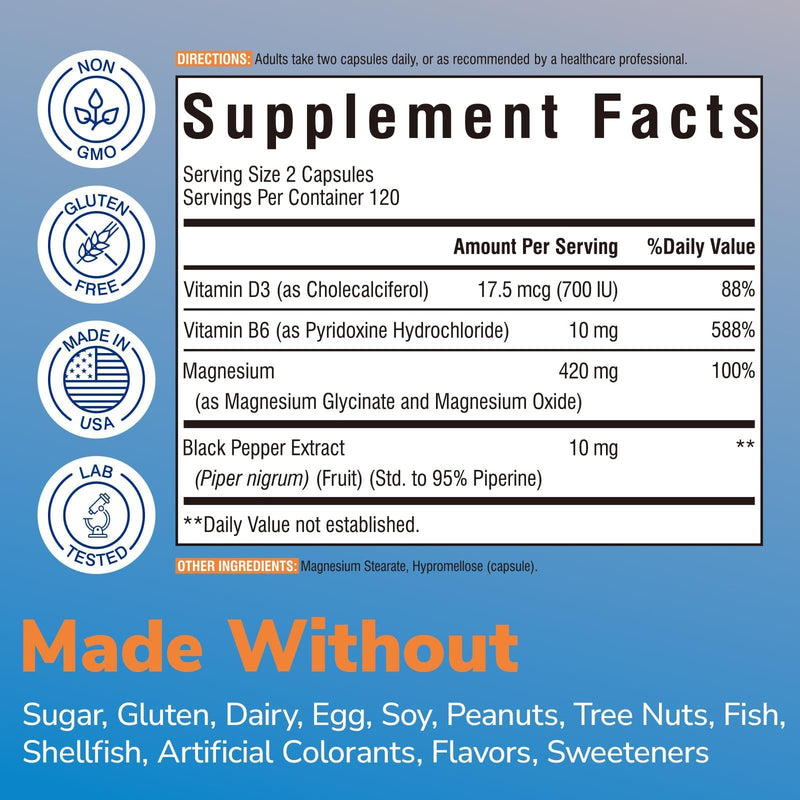 Vitalibre Magnesium Glycinate 420mg with Vitamin D3 B6, 240 Vegan Capsules | Chelated & Buffered Magnesium Supplement | High Absorption for Nerve, Bone, Heart, Mood, Sleep Support, Non-GMO 240 Count (Pack of 1)