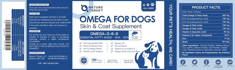 NATURE TARGET Omega 3 Fish Oil for Dogs, Salmon Oil for Dogs Skin and Coat with EPA & DHA Fatty Acids, Dog Itchy Skin Relief & Hot Spot Treatment, Anti Shedding, Support Hip & Joint Health - 180 ct