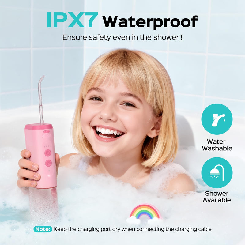 COSLUS T40 Portable Water Flosser for Kids: 4 Gentle Modes for Ages 6+, Braces & Sensitive Teeth - with Fun DIY Stickers, 4 Storable Nozzles, Mini Compact for Home School & Travel, BPA-Free, Pink