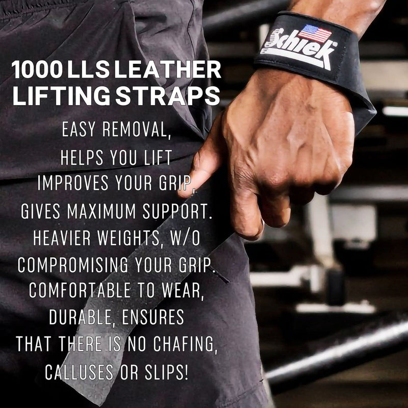 Schiek Sports Model 1000LLS Leather Weight Lifting Straps Black