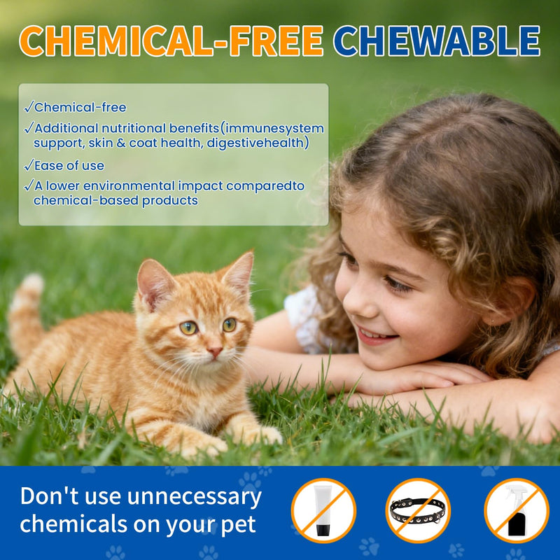 Flea and Tick Prevention for Cats Chewable, 200 Natural Soft Chews,Flea Supplement for Kitten Cat, Skin & Coat Support for Cats All Breeds & Ages - Chicken Flavor 200Soft Chews