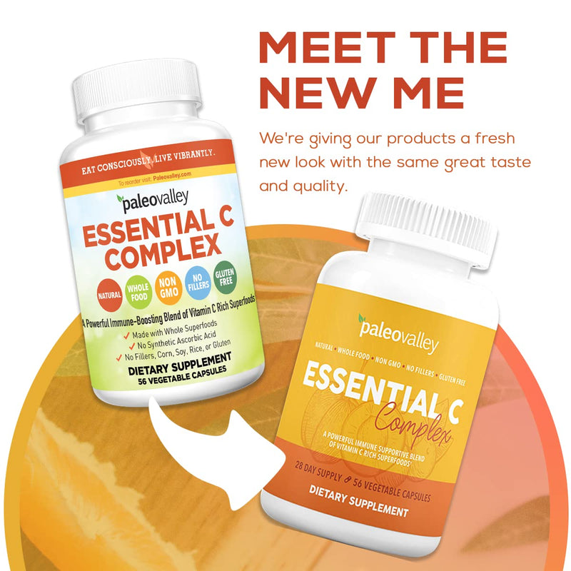 Paleovalley Essential C Complex - Vitamin C Supplement for Immune Support - 1 Pack, 450mg - Organic Superfoods Unripe Acerola Cherry, Camu Camu, Amla Berry - No Synthetic Ascorbic Acid - USA Made 56 Count (Pack of 1) - BeesActive Australia