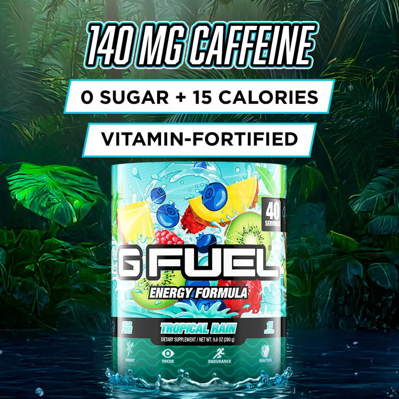Gamma Labs G Fuel Tropical Rain Energy Drink Powder, Pre Workout Caffeine Mix for Gaming, Sugar Free Focus Amino, Vitamin + Antioxidants, 9.8oz Fruit Medley, 40 Servings Pineapple Raspberry Medley
