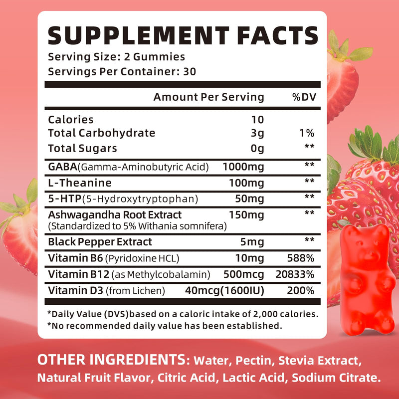 GABA Gummies 1000mg for Kids & Adults, Chewable GABA Supplements with L Theanine 5-HTP Ashwagandha Vitamins B6,B12,D3 for Calm & Zzz, Sugar-Free/Vegan, Strawberry Flavor 120 Count 60 Count (Pack of 2)