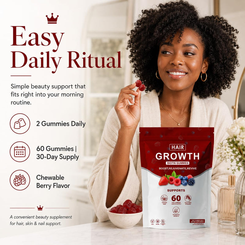 Hair Growth Gummies for Black Women, with Biotin-Silica Complex (5000mcg Biotin) & Vitamin D (30mcg), Supports Hair, Skin & Nail Health, Non-GMO, 60 Gummies