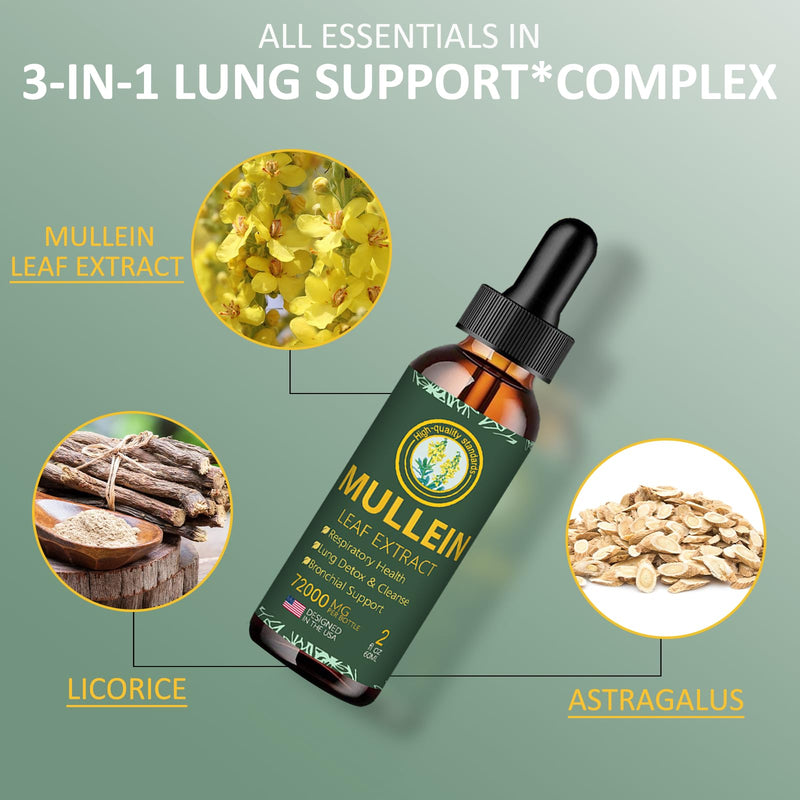 Mullein Drops for Lungs- Mullein Leaf Extract for Lungs-Support Lung Cleanse & Respiratory Function for Healthy Breathing | Non-GMO | Vegan | 2 fl oz Unflavoured