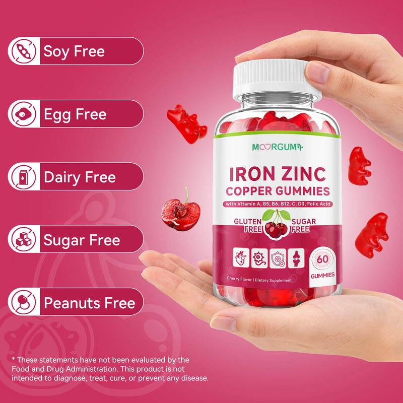Iron, Zinc, Copper Supplements for Women & Men, Mineral Gummies with Vitamin A, B5, B6, C, D3, B12 for Adults, Kids, Promote Energy, Support Immunity, Bone Health, Sugar Free, Cherry Flavor, 120 Count 60 Count (Pack of 2)