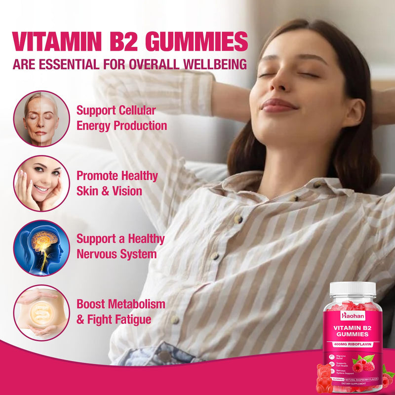 Haohan Vitamin B2 400mg with Magnesium Gummies for Migraine and Nervous System Support in Sugar-Free Vegan Raspberry Flavor, 120 Count for Adults and Kids