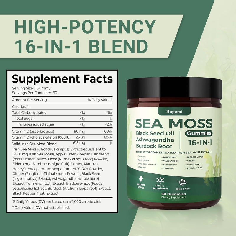 Sea Moss Gummies 16-1, Black Seed Oil Ashwagandha Turmeric Bladder Wrack Vitamin C Vitamin D3 Elderberry Manuka Dandelion Yellow Dock Apple Cider Vinegar for Men & Women Pack of 1