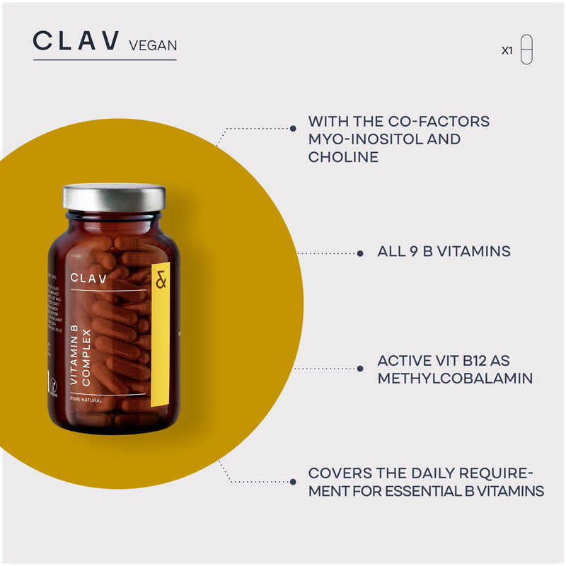 CLAV® Vitamin B Complex, All 8 B Vitamins, High Strength, 120 Capsules | For Energy, Nervous System & Reduced Tiredness, with B1, B2, B3, B5, B6, B12, Myo-Inositol & Choline, in Amber Glass, Vegan