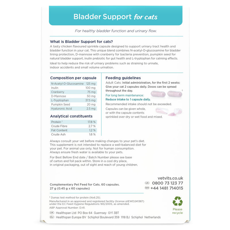 Bladder Support for Cats (60 capsules) | Urinary Health for Cats | Helps reduce indoor accidents | Bladder complex with pumkin seed, D-mannnise and cranberry
