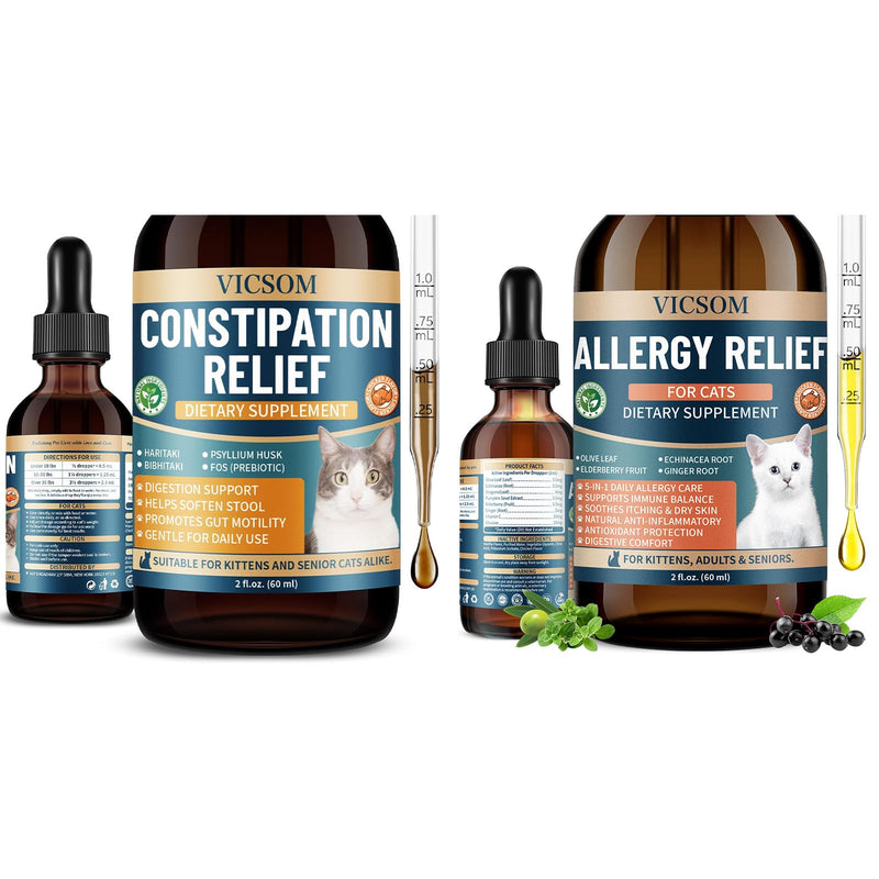 VICSOM Cat Allergy & Constipation Relief Bundle – Itchy Skin, Seasonal Allergy & Digestive Support with Herbal Formula, 60ml Drops for Cats