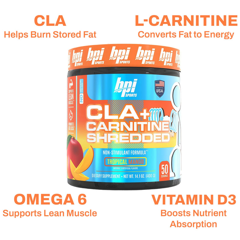 BPI Sports CLA + Carnitine Shredded - Convert Fat Cells Into Energy and Supports Lean Muscle, Boost Metabolism - Non-Stimulant L-Carnitine Supplement - Tropical Mango (14.1 oz. / 50 Servings)