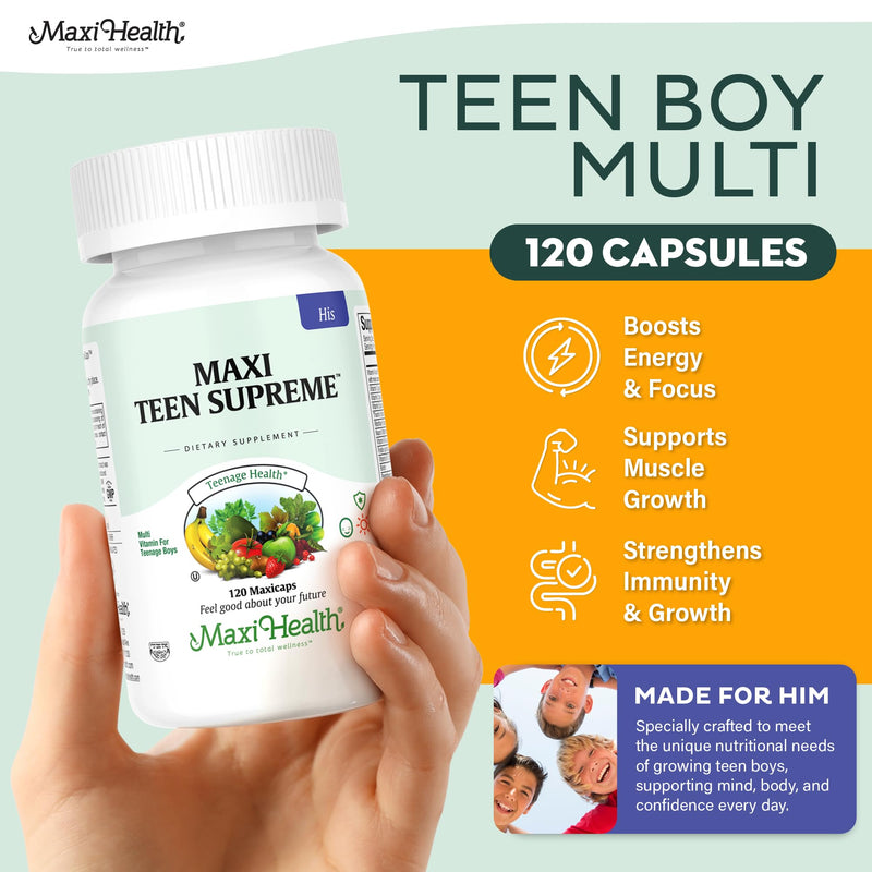 Maxi Health® Teen Vitamins for Boys 12-17, Teen Multivitamin (120 Count) | D3, Iron, Calcium & Enzymes | Energy, Brain & Mood Support | Kosher | Vegetarian · Non-GMO | Doctor Formulated Unflavored Boys 120 Count (Pack of 1)