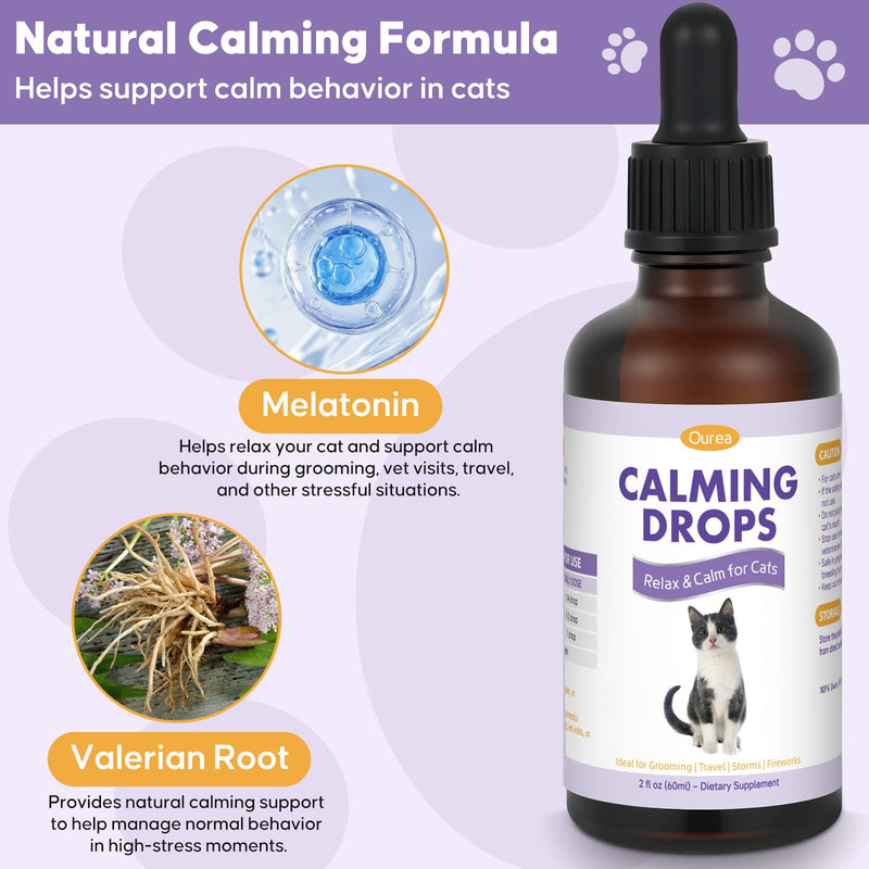 Cat Calming Drops for Grooming Travel & Vet Visits – Natural Supplement with Melatonin and Valerian Root, Supports Relaxation Comfort and Calm Behavior in Stressful Situations