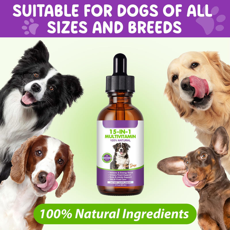 15 in 1 Dog Multivitamin Drops, 60ml Dog Vitamins Supplements, Support Skin and Coat, Joint, Heart, Digestion, Immune and Gut Health