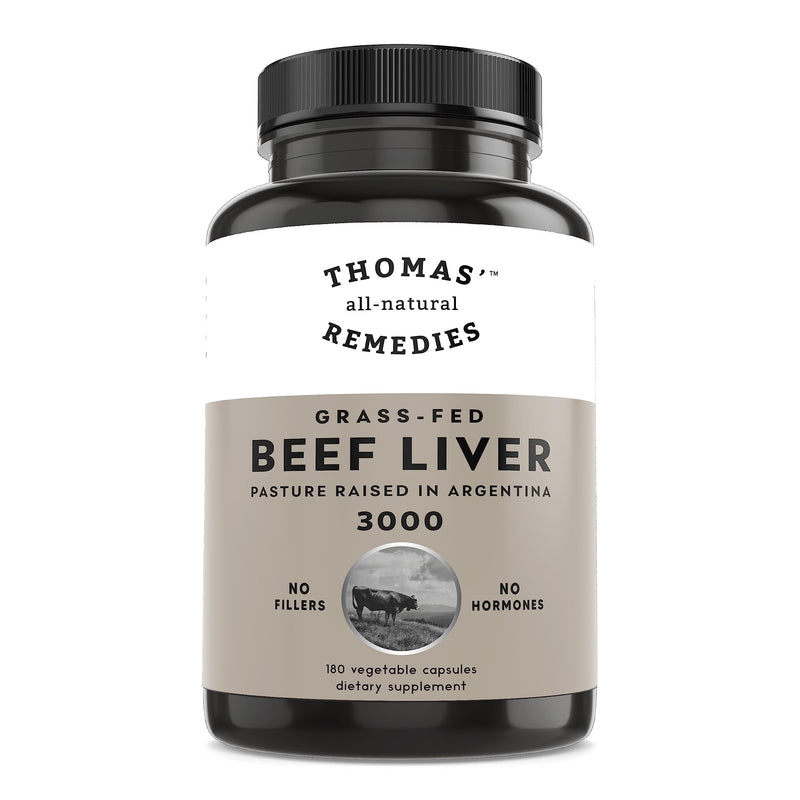 Toms Remedies Grassfed Beef Liver Supplement, 3000mg - Iron & Energy | Liver Supplement, Pasture Raised in Argentina, Natural Source of Iron, Vitamins A & B - Non-GMO & Hormone Free (180 Caps)