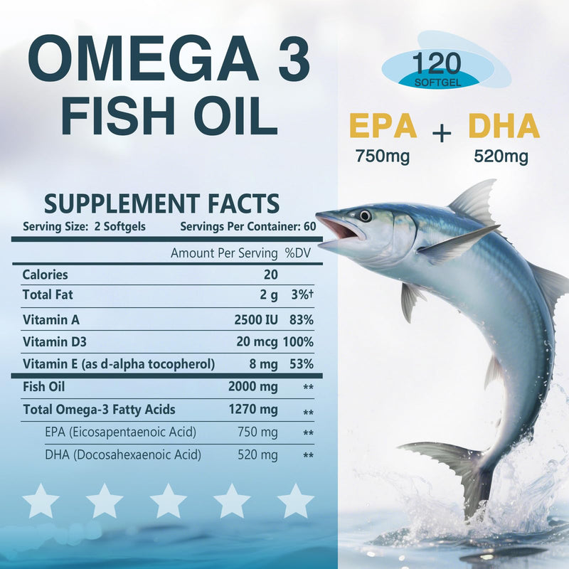 NATURE TARGET Omega 3 Fish Oil 2000mg with Vitamin D3, A, E, 120 Softgels | EPA and DHA with Vitamins D3, E, and A, Max Absorption, Supports Heart, Brain, and Immune Health, Non-GMO Formula 120 Count (Pack of 1)