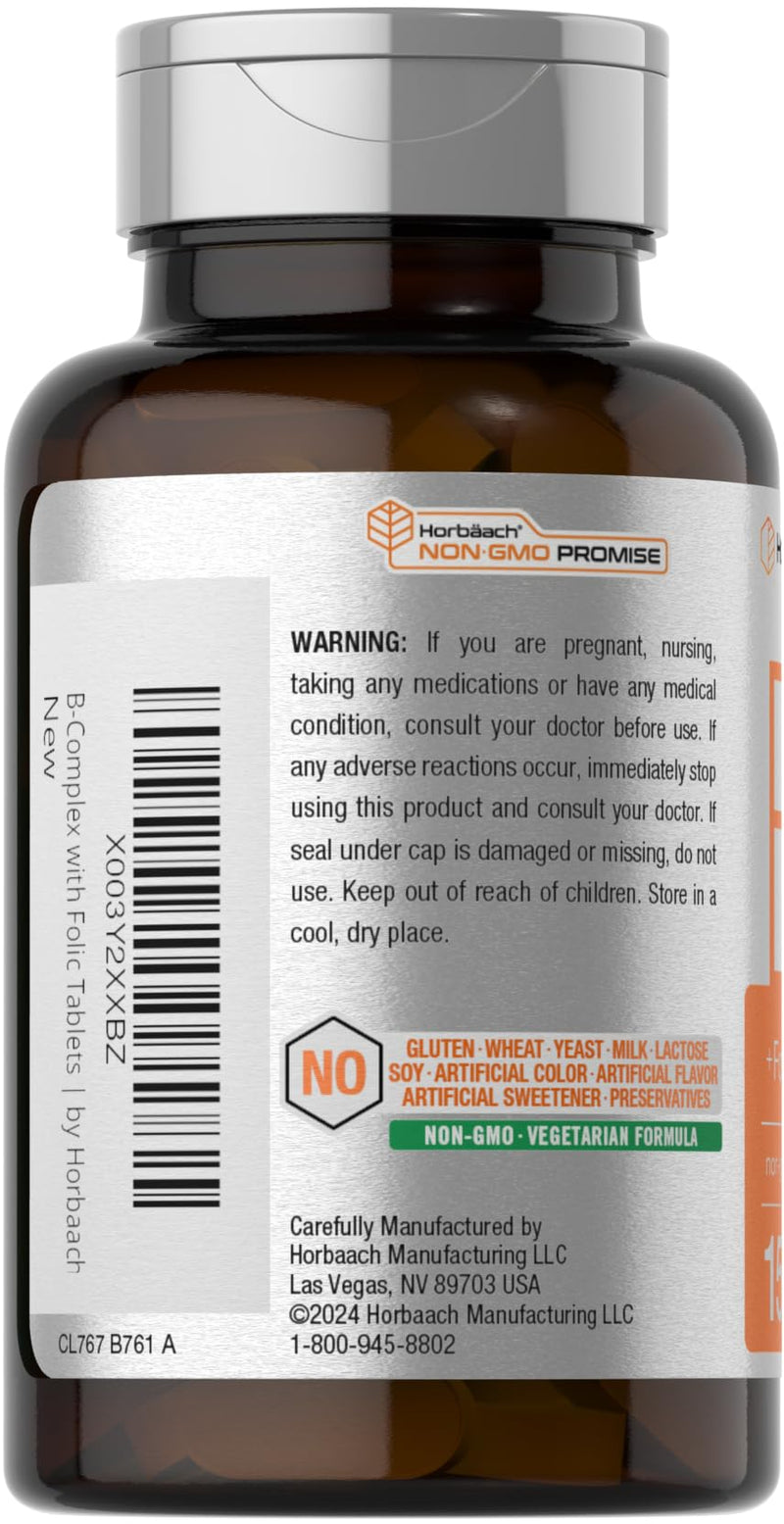 Horbaach B Complex Vitamins for Women and Men | 150 Caplets | With Folic Acid & Vitamin C | Non-GMO & Gluten Free Supplement