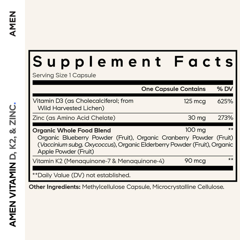 Amen Vitamin D3 5000 IU, K2, Zinc, Organic Whole Food, 60 Capsules | Vitamin D3 5000 IU with K2 (MK-7), zinc and an organic fruit blend. Two-month supply. Vegan, non-GMO.